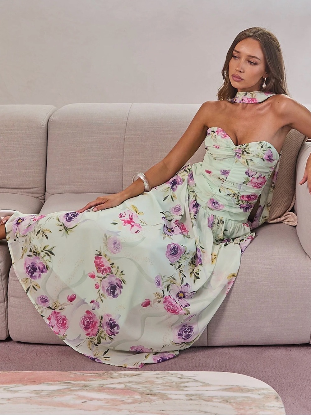 Selfie Leslie Novarra Twist Bust Strapless Maxi Dress Floral Mint